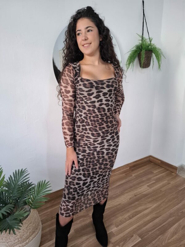 Vestido midi fruncido leopardo